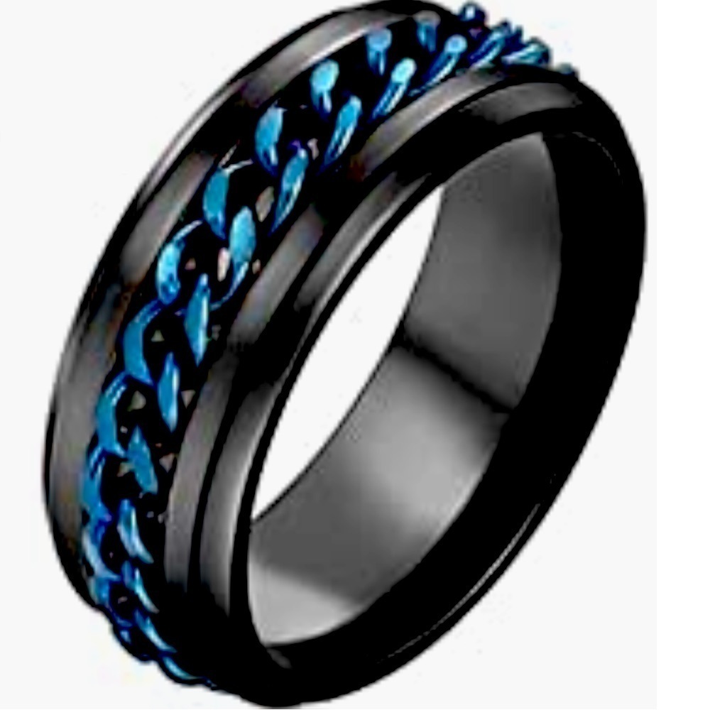 Rotating  Unisex Black & Blue Stainless Steel Fidget Ring - Picture 3 of 12